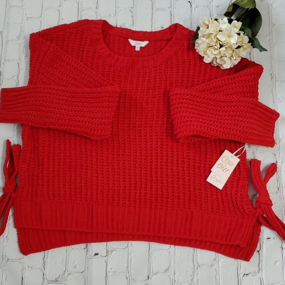CANDIE'S RED FLUFFY CROPPED LONGSLEEVE SWEATER. - Picture 2 of 6